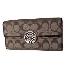 Coach Signature Wallet Canvas Trifold Beige Brown Long Clutch Shoulder Bag